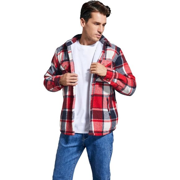 Men's Red Cotton Sherpa Lined Button Down Flannel Shirt Jacket Plaid Soft . - Picture 4 of 7